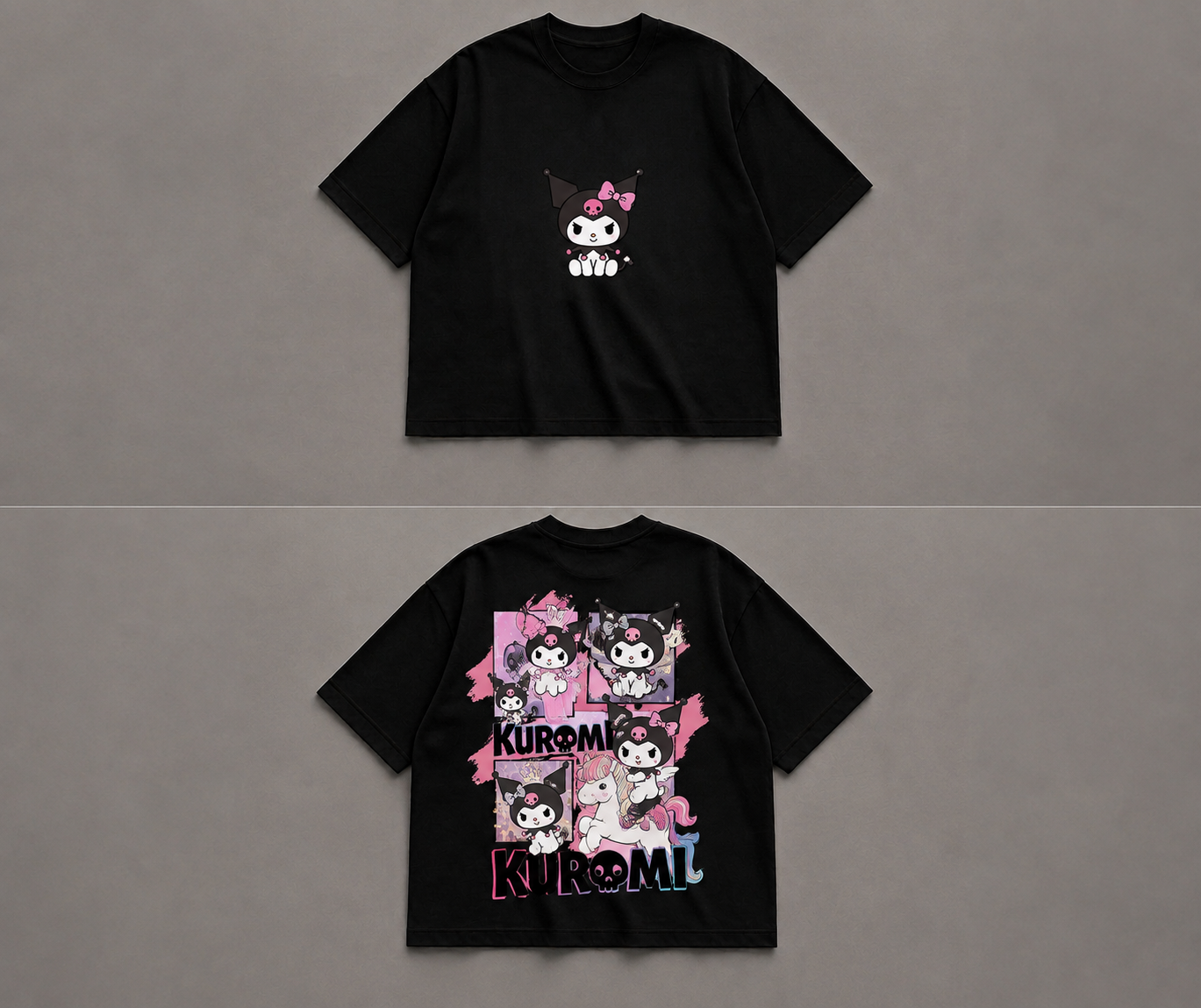 A black short-sleeve crop top T-shirt shown from both front and back on a neutral gray background. The front features a small Kuromi graphic, and the back has a large colorful Kuromi collage print with the text 'KUROMI' and 'KIMORIL'.