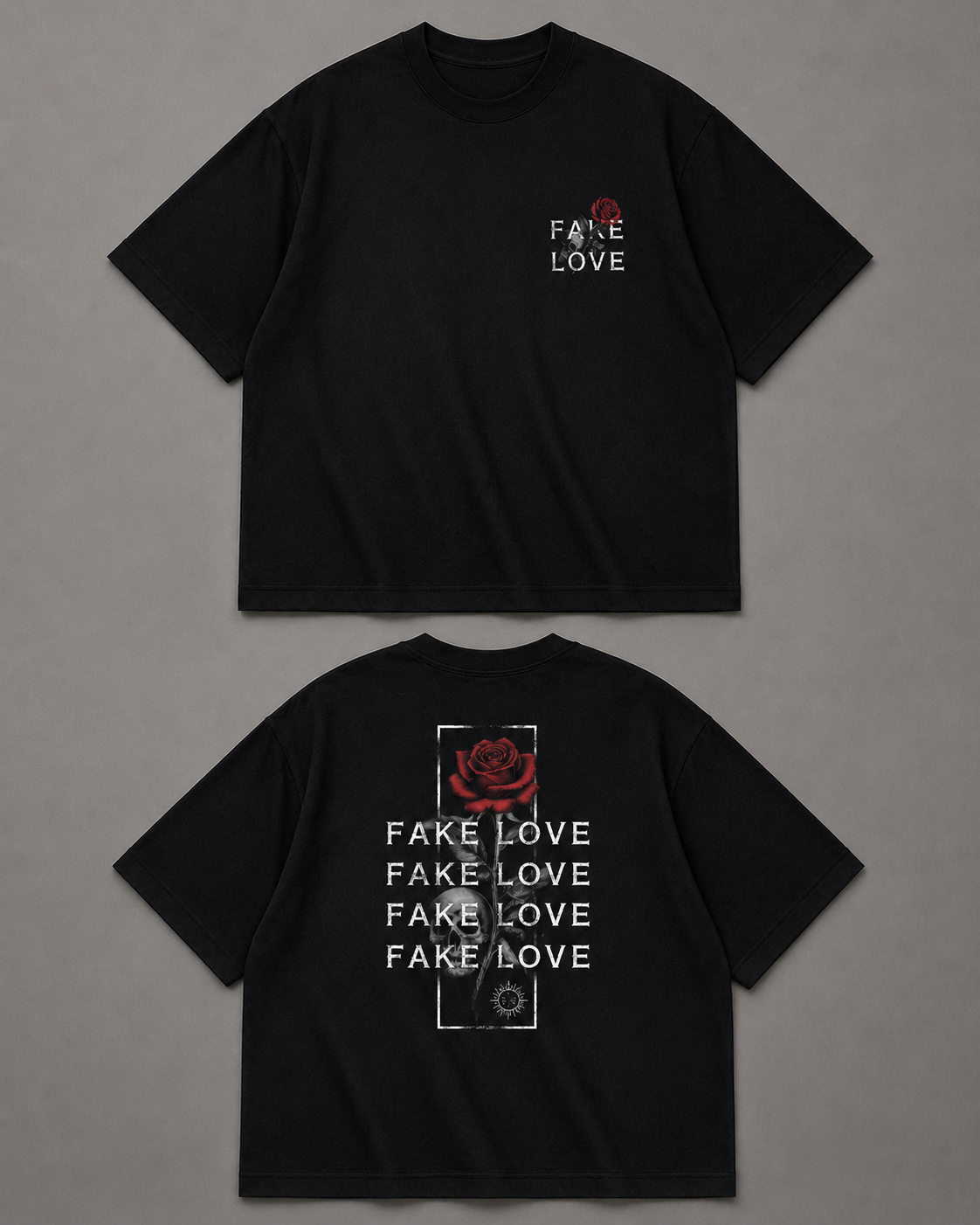 A black short-sleeve t-shirt shown from both front and back on a neutral gray background. The front features a small white 'FAKE LOVE' text graphic with a red rose on the left chest.