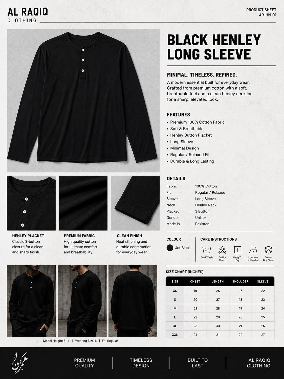 Men's Black Long Sleeve Henley Shirt | Premium Casual Fit