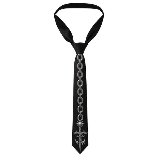 A black necktie featuring a silver metallic chain print down the center and a stylized silver dagger emblem at the tip, shown against a plain white background.