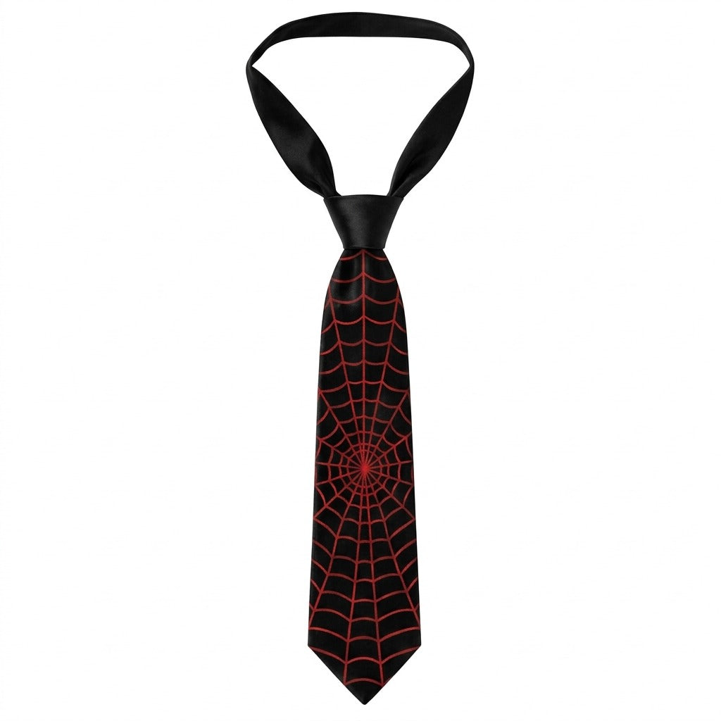 A black necktie with a red spiderweb pattern, shown on a plain white background.
