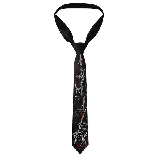 A black necktie with a gothic design featuring white thorny vines, red accents, and gothic script text, shown on a plain white background.