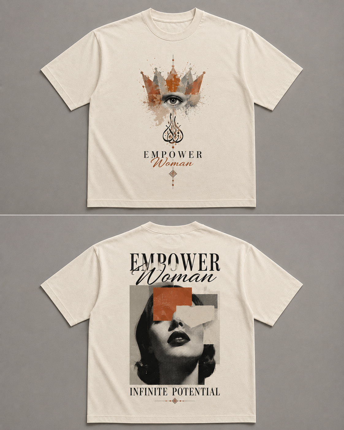 An off-white short-sleeve t-shirt shown from both front and back against a solid gray background. The front features a graphic of an eye with a crown and the text 'EMPOWER Woman'.