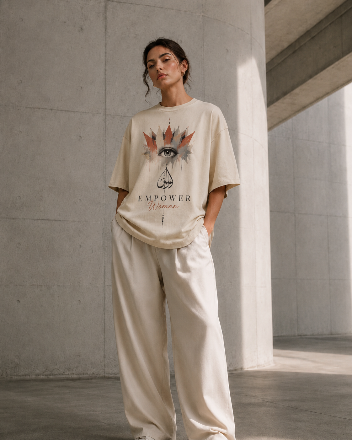 A woman stands in a concrete architectural setting wearing a beige oversized graphic T-shirt with an eye design and the words 'EMPOWER Woman,' paired with matching beige wide-leg pants.