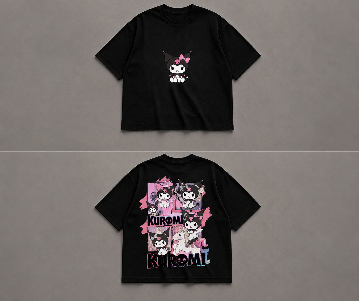 A black short-sleeve crop top T-shirt shown from both front and back on a neutral gray background. The front features a small Kuromi graphic, and the back has a large colorful Kuromi collage print with the text 'KUROMI' and 'KIMORIL'.