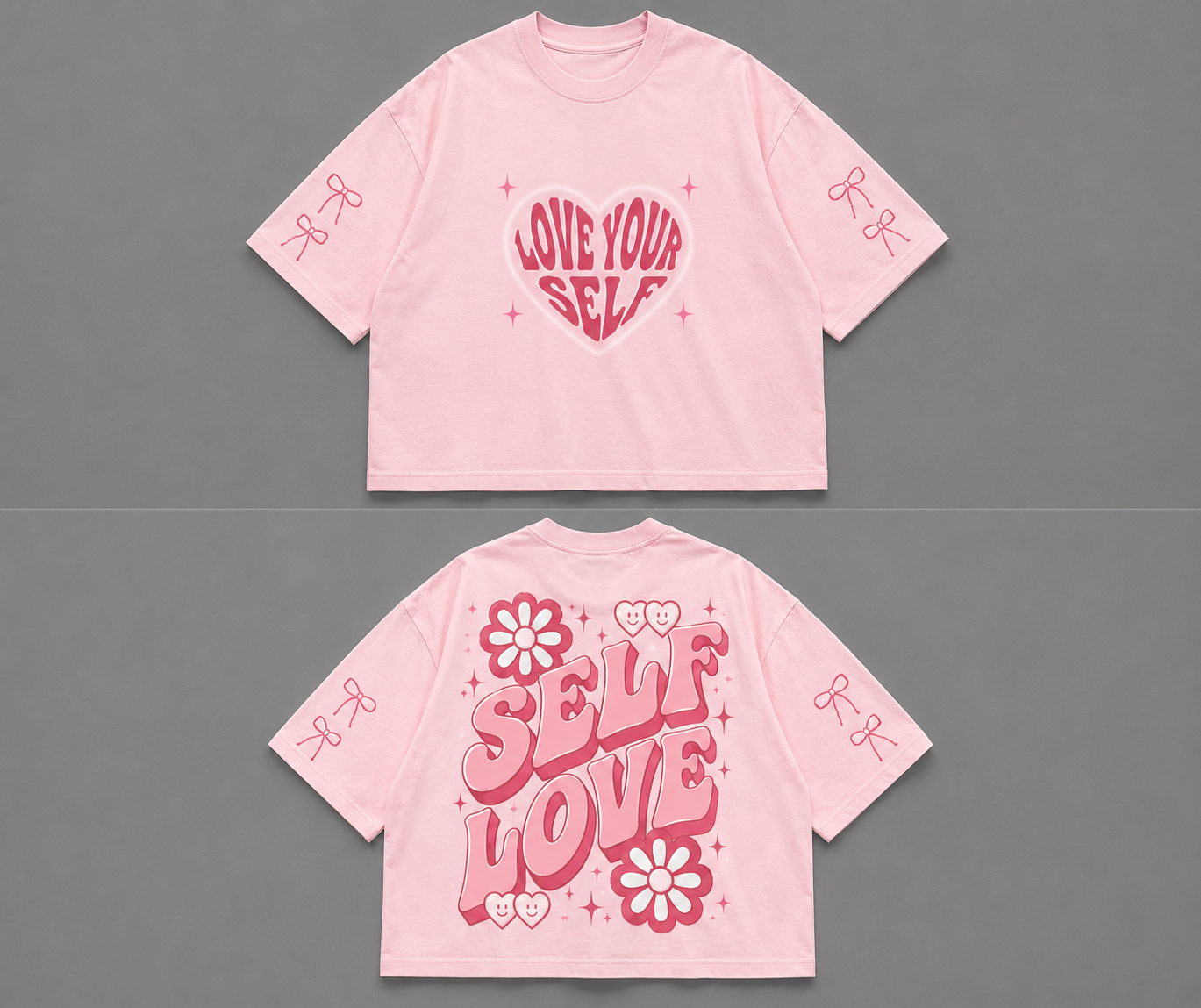 A light pink cropped t-shirt shown from both the front and back against a solid gray background. The front features a central pink heart graphic with the words 'LOVE YOUR SELF' in stylized lettering, and 'LOVE' is also written vertically on the back in large pink letters, decorated with flowers and hearts.