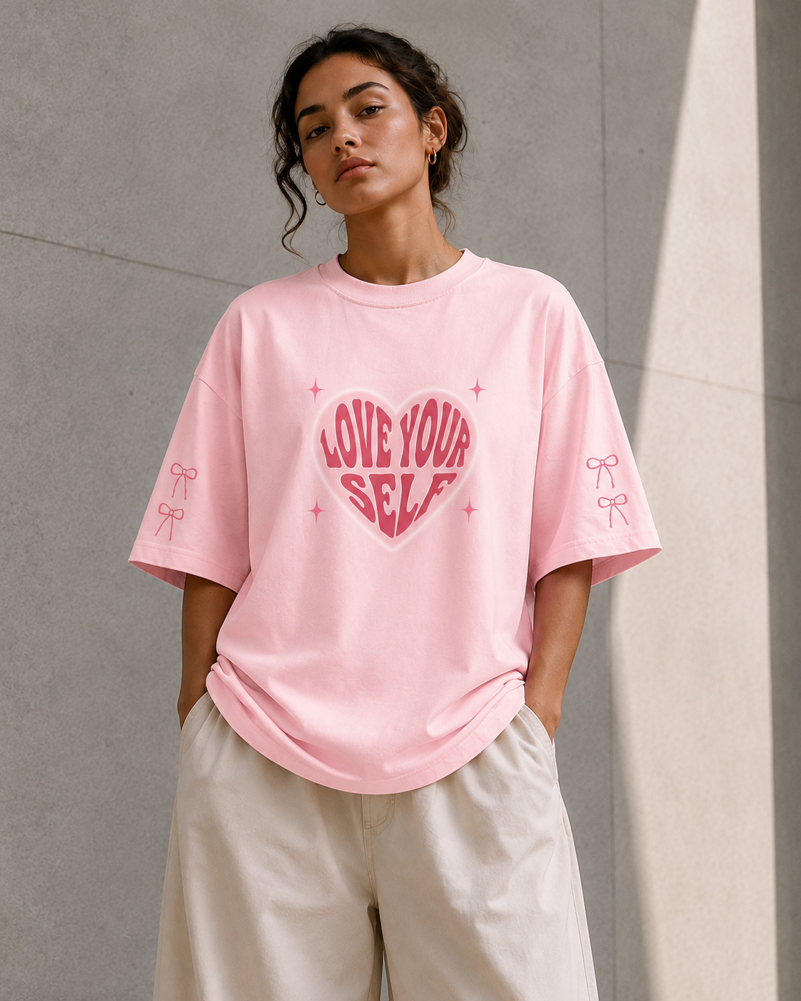 A woman wearing a light pink oversized t-shirt with a pink heart graphic that reads 'LOVE YOUR SELF' and matching bow details on the sleeves, paired with light beige wide-leg pants, standing against a textured gray concrete wall.