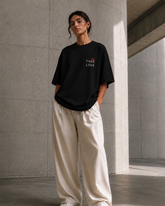 A woman stands in a concrete architectural setting wearing an oversized black T-shirt with a small white and red 'FAKE LOVE' graphic on the chest, paired with loose off-white pants.