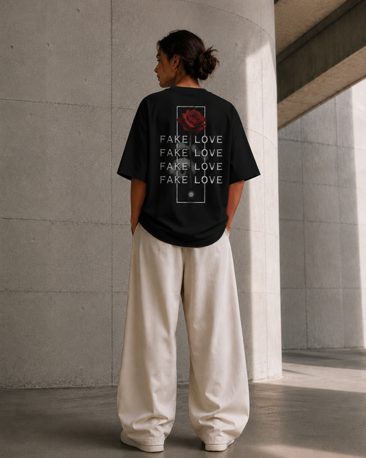 A person standing in a concrete corridor wearing an oversized black T-shirt with a red rose and white 'FAKE LOVE' text graphic on the back, paired with loose off-white pants.