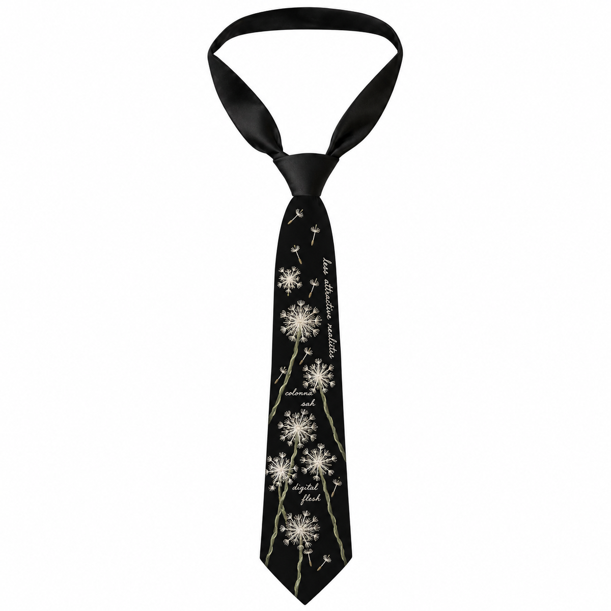 A black necktie with a vertical design of white dandelions and green stems, featuring the quote 'The best things in life are a little like dandelions: not fully visible until pulled', shown on a plain white background.