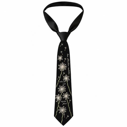 A black necktie with a vertical design of white dandelions and green stems, featuring the quote 'The best things in life are a little like dandelions: not fully visible until pulled', shown on a plain white background.