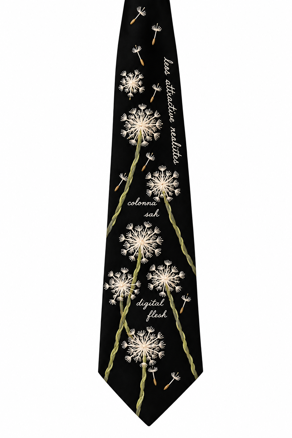 A black necktie featuring a dandelion pattern with white flower heads, yellow-green stems, and white script text on a plain white background.