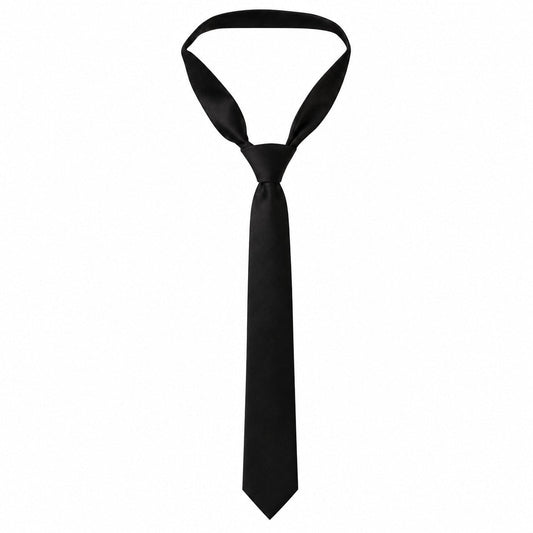 A classic black necktie with a satin-like finish, neatly knotted and displayed against a solid white background.