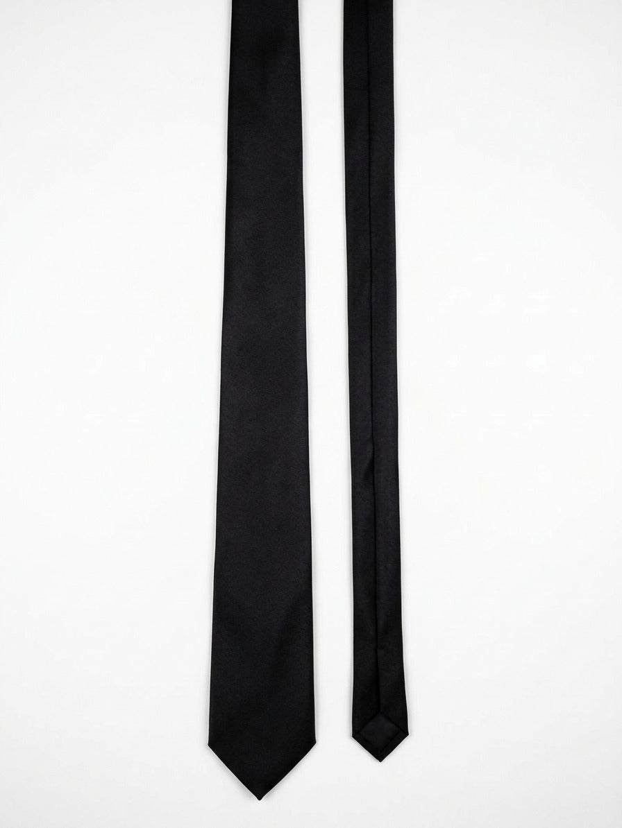 Two black neckties laid flat side by side on a plain white background.