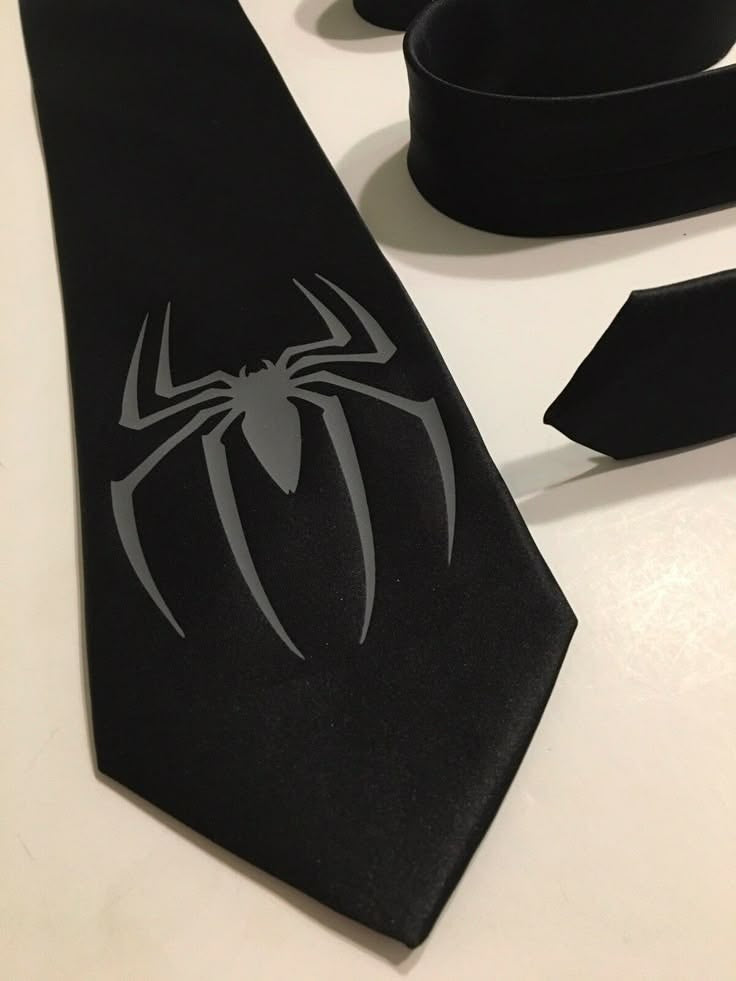 A black necktie with a dark gray spider logo printed on the front, displayed on a light beige surface with other ties partially visible in the background.