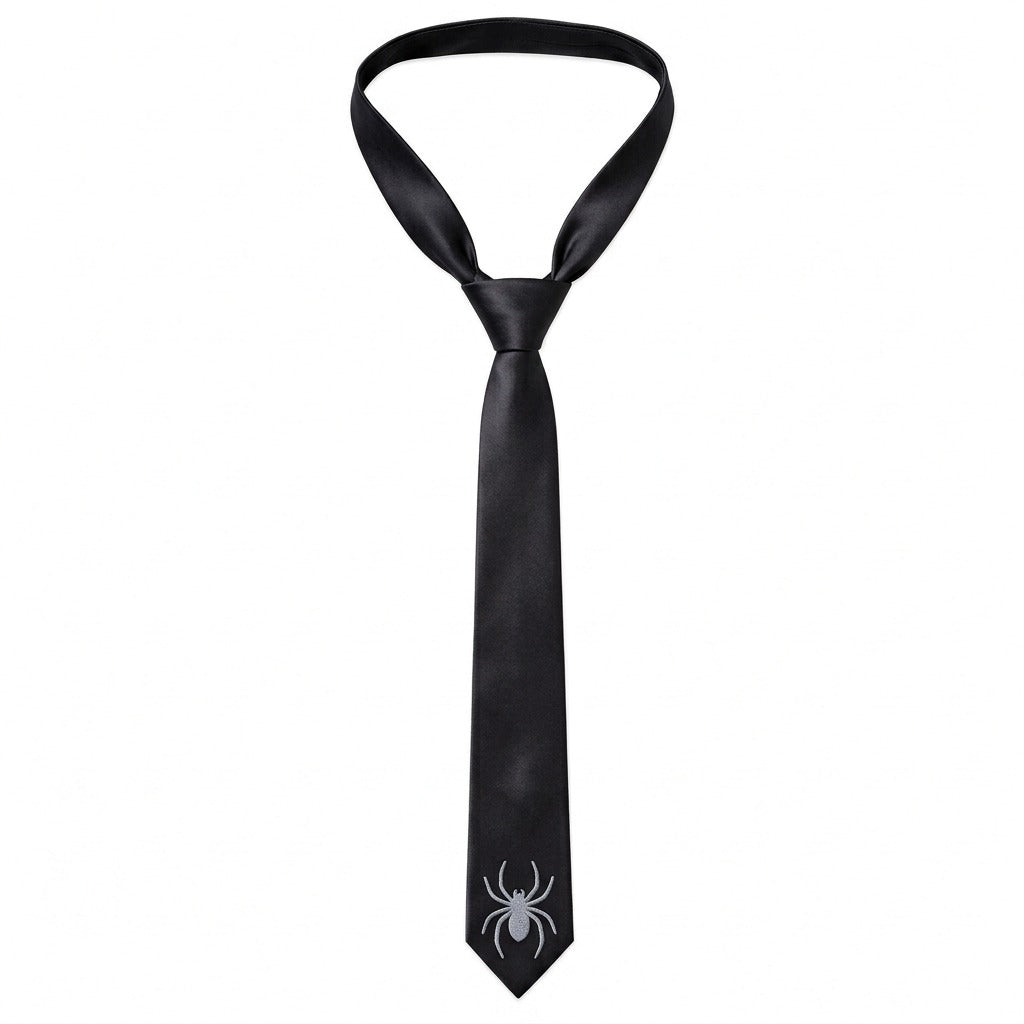 A black satin necktie with a silver spider emblem on the tip, displayed on a solid white background.