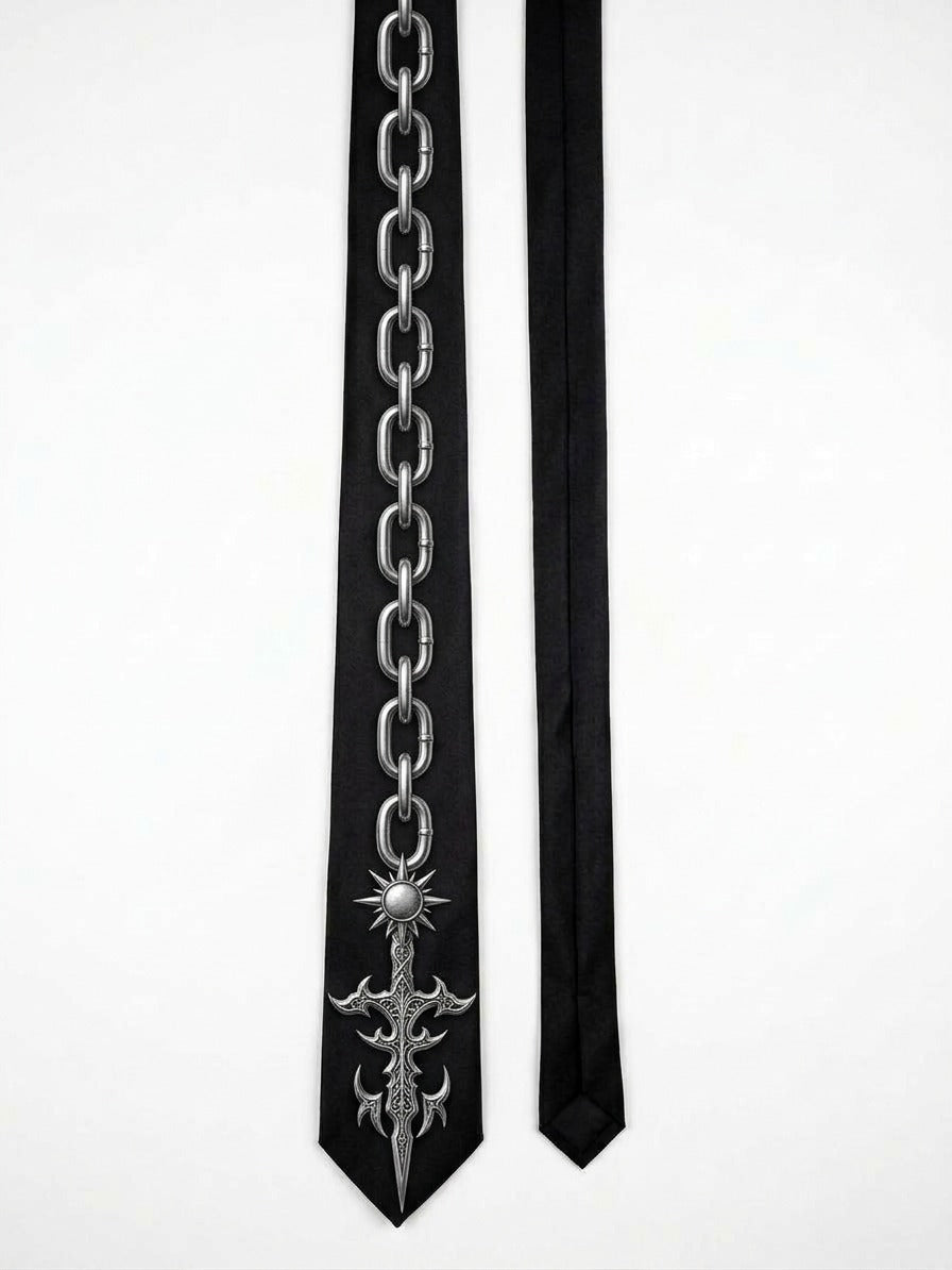 A black necktie featuring a metallic silver chain and a fantasy sword motif printed vertically, displayed next to its blank black counterpart on a plain white background.