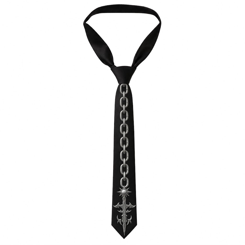 A black necktie featuring a silver metallic chain print down the center and a stylized silver dagger emblem at the tip, shown against a plain white background.