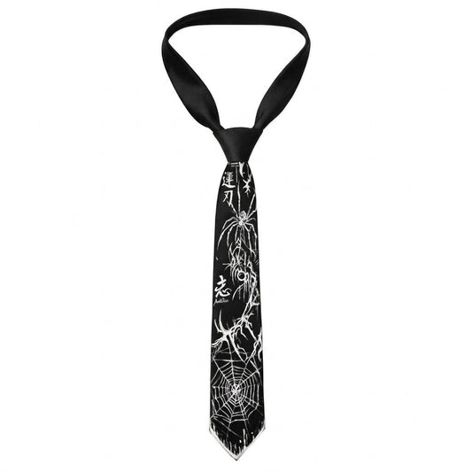 A black necktie with a white spider and cobweb pattern, displayed against a solid white background.