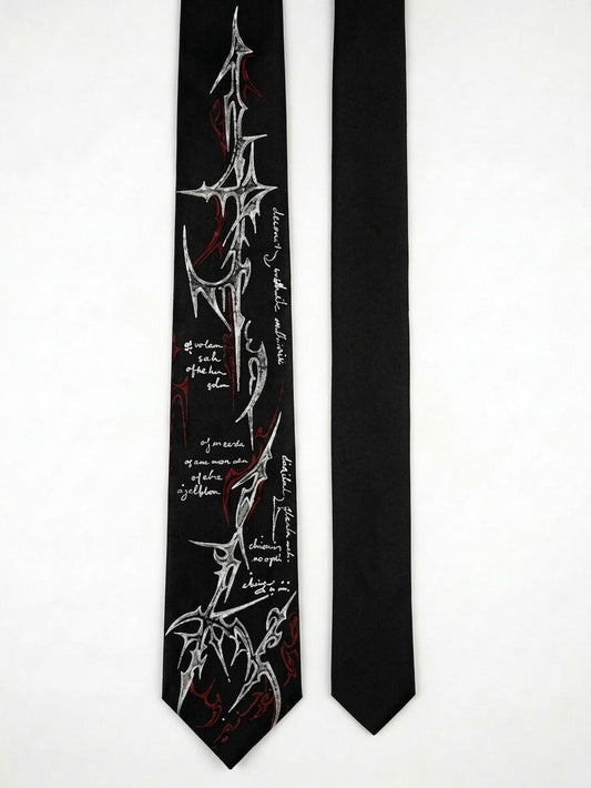 A black necktie with a highly detailed graphic print of the Morbid Angel band logo and handwritten-style text, shown alongside a second solid black necktie on a plain white background.