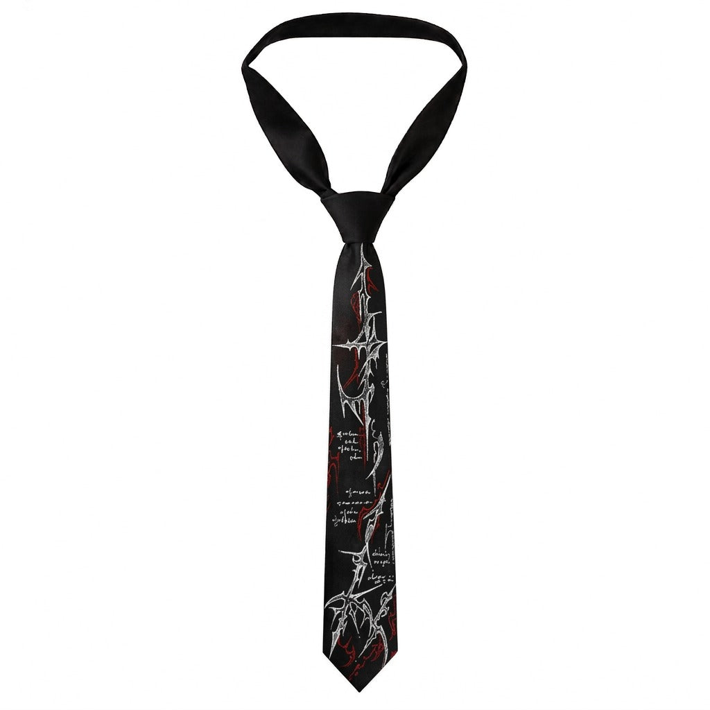 A black necktie with a gothic design featuring white thorny vines, red accents, and gothic script text, shown on a plain white background.