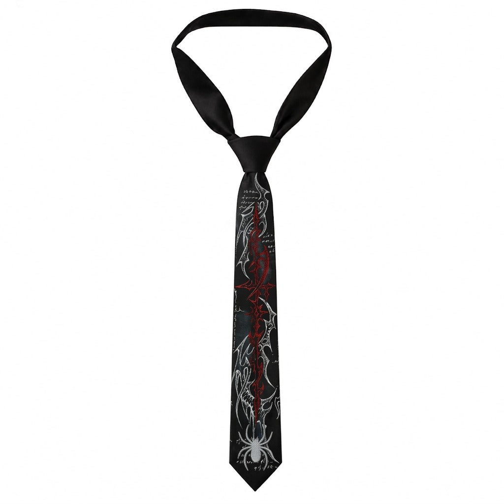 A black necktie with a gothic design featuring white spiderwebs, a white spider at the tip, and a vertical red line resembling blood, shown on a plain white background.