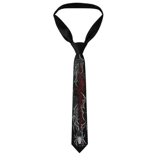 A black necktie with a gothic design featuring white spiderwebs, a white spider at the tip, and a vertical red line resembling blood, shown on a plain white background.
