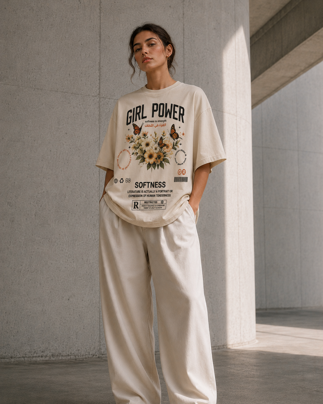 A woman stands in a concrete architectural space wearing a cream-colored graphic t-shirt with 'GIRL POWER' and floral illustrations, paired with matching cream wide-leg pants.