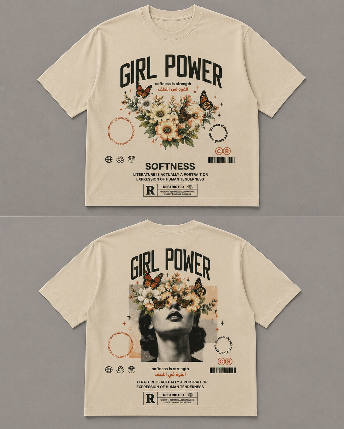 Two views of a cream-colored short-sleeve graphic T-shirt on a gray background, showing the front and back designs. The designs feature the text 'GIRL POWER' and 'SOFTNESS' with a floral arrangement, butterflies, and a vintage-style portrait.